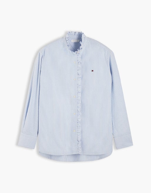 Tommy Hilfiger Ruffle collar yarn dyed oxford shirt in multi blue, 5 of 6