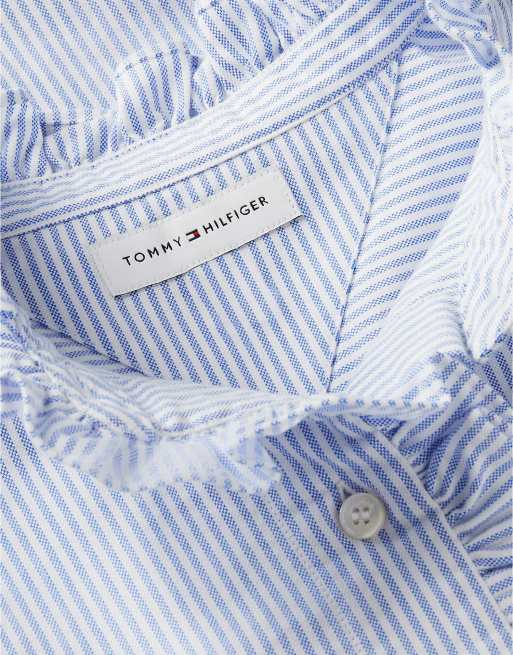 Tommy Hilfiger Ruffle collar yarn dyed oxford shirt in multi blue, 6 of 6