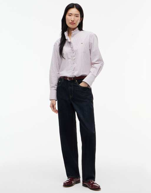 Tommy Hilfiger Ruffle collar yarn dyed oxford shirt in multi red, 2 of 6