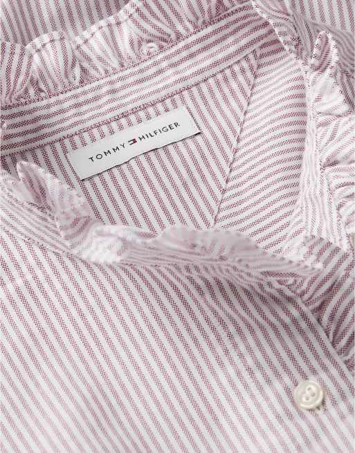 Tommy Hilfiger Ruffle collar yarn dyed oxford shirt in multi red, 6 of 6