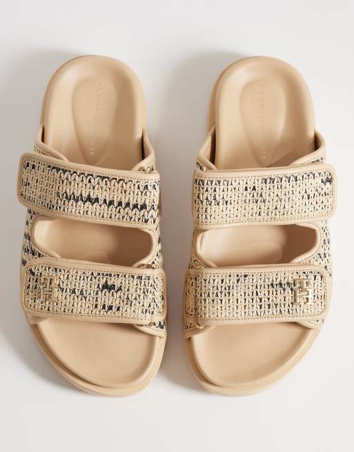 Tommy Hilfiger - Sandali in rafia beige con fascette doppie, 3 di 4