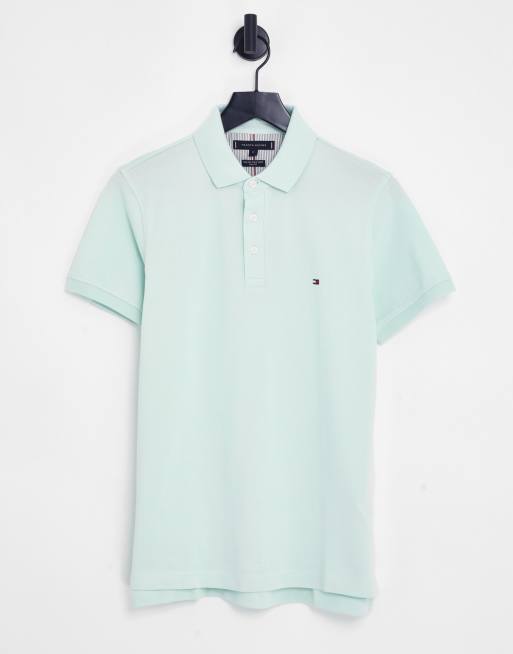 Tommy Hilfiger – Schmal geschnittenes Pikee-Polohemd in Minzgrün mit 1985-Icon-Logo