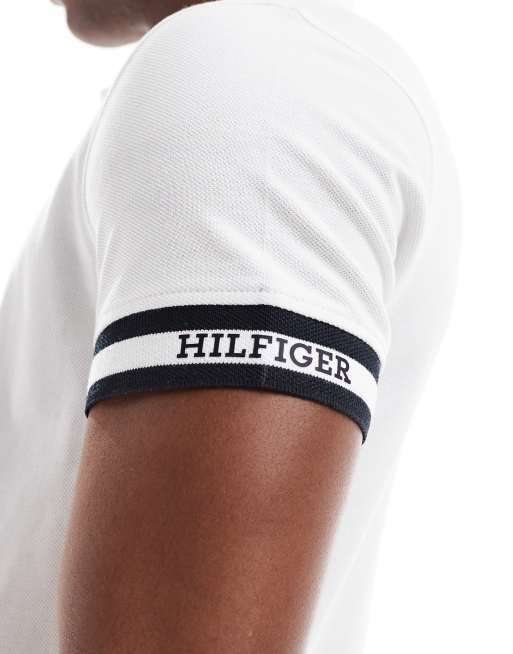 Tommy Hilfiger – Schmal geschnittenes Poloshirt in Weiß mit Ärmelabschlüssen in Schwarz-Weiß, 3 von 4