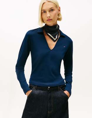 Tommy Hilfiger - Schmales, langärmliges Polohemd in Dunkelblau