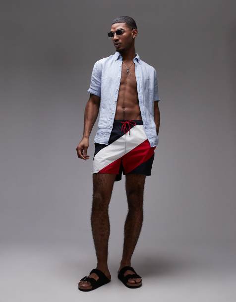 Tommy Hilfiger – Ściągane na sznurek szorty kąpielowe z diagonalu w paski - view 1