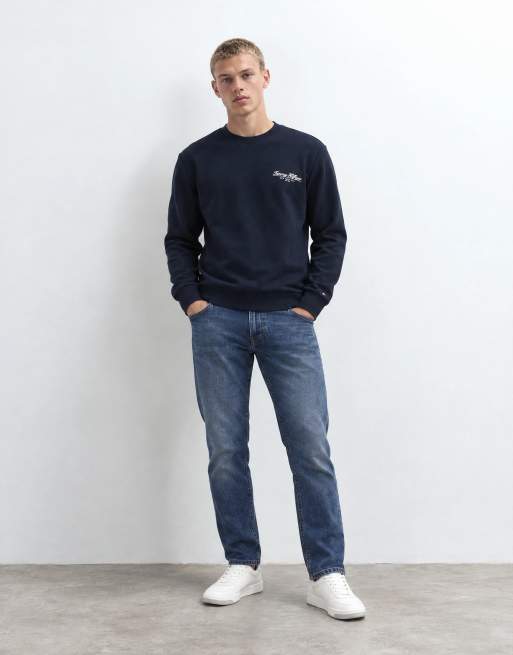 Tommy Hilfiger script logo crew neck sweatshirt in navy, 9 of 9
