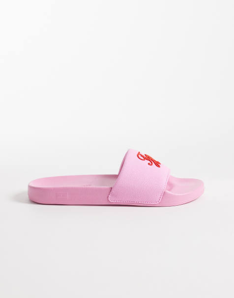 Tommy Hilfiger script logo pool sliders in pink - view 1