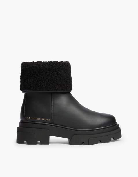 Tommy Hilfiger Shearling fold collar leather chunky ankle boots in black - view 1