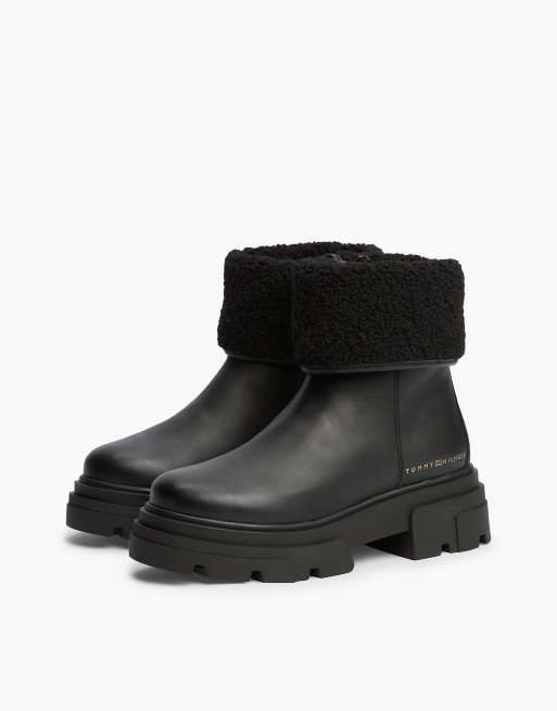 Tommy Hilfiger Shearling fold collar leather chunky ankle boots in black, 2 of 7