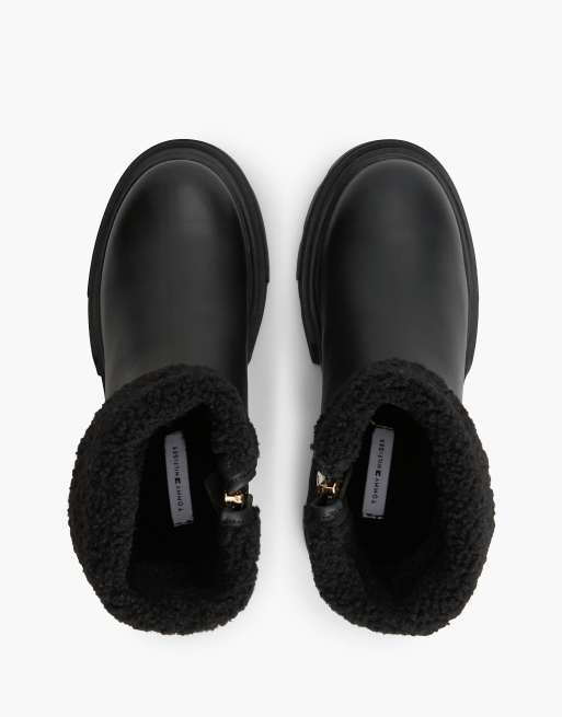 Tommy Hilfiger Shearling fold collar leather chunky ankle boots in black, 3 of 7