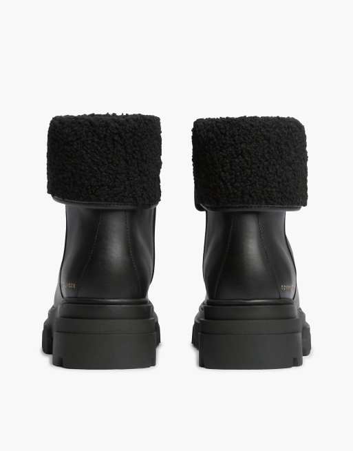 Tommy Hilfiger Shearling fold collar leather chunky ankle boots in black, 4 of 7