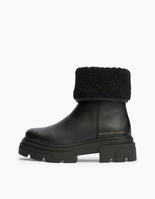 Tommy Hilfiger Shearling fold collar leather chunky ankle boots in black, 7 of 7