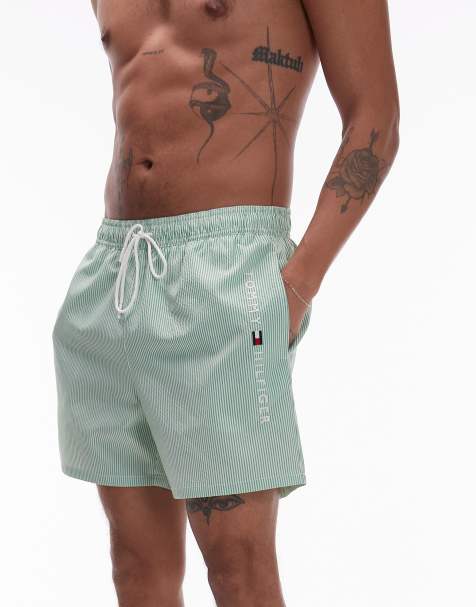 Tommy Hilfiger side logo drawstring swim shorts in green stripe - view 1