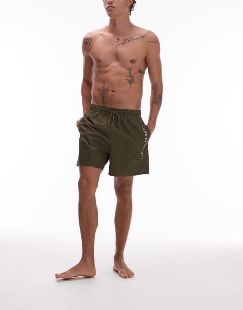 Tommy Hilfiger side logo drawstring swim shorts in khaki green - view 1