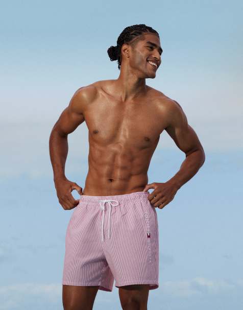 Tommy Hilfiger side logo drawstring swim shorts in red stripe - view 1