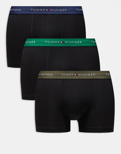 Tommy Hilfiger Signature Cotton 3 pack trunks in black with khaki/blue/green waistbands - view 1