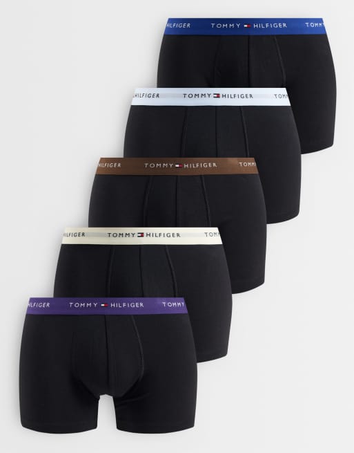 Tommy Hilfiger Signature Cotton 5 pack trunks in black with colored waistbands, 1 of 3