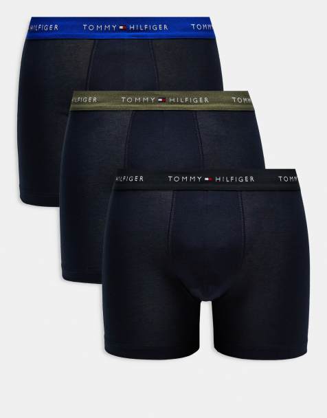 Tommy Hilfiger signature cotton essentials 3 pack boxer briefs in black with blue/black/khaki green waistband - view 1