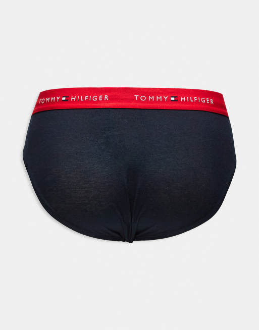 Tommy Hilfiger signature cotton essentials 3 pack briefs in navy in white/red/navy, 2 of 3