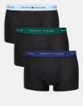 [Tommy Hilfiger] Tommy Hilfiger signature cotton essentials 3 pack of trunks in black with green/blue waistbands-Multi S MULTI