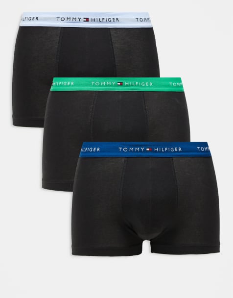 Tommy Hilfiger signature cotton essentials 3 pack trunks in black with blue/green waistband - view 1