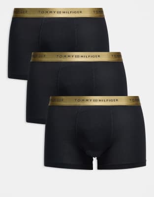 Tommy Hilfiger Tommy Hilfiger signature cotton essentials 3 pack trunks in black with gold waistbands
