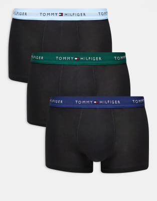 Tommy Hilfiger Tommy Hilfiger signature cotton essentials 3 pack trunks in black with green/blue waistbands-Multi