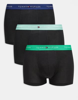 Tommy Hilfiger signature cotton essentials 3 pack trunks in black with green waistbands