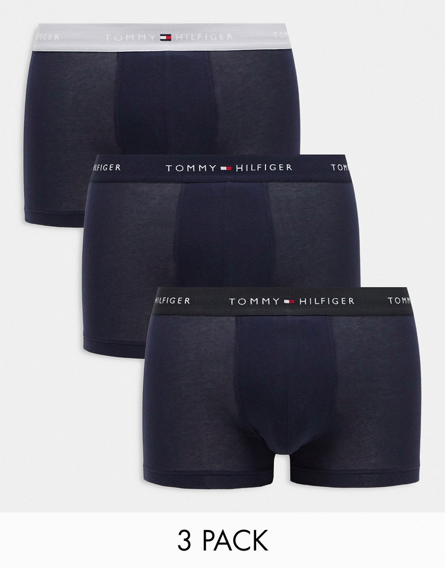 Tommy Hilfiger signature cotton essentials 3 pack trunks in navy with coloured waistband