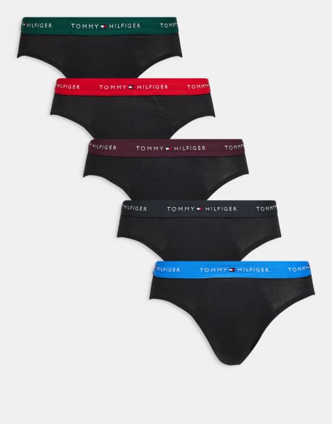 Tommy Hilfiger - Signature Cotton Essentials - Confezione da 5 slip neri con fascia in vita rossa, blu e verde - view 1
