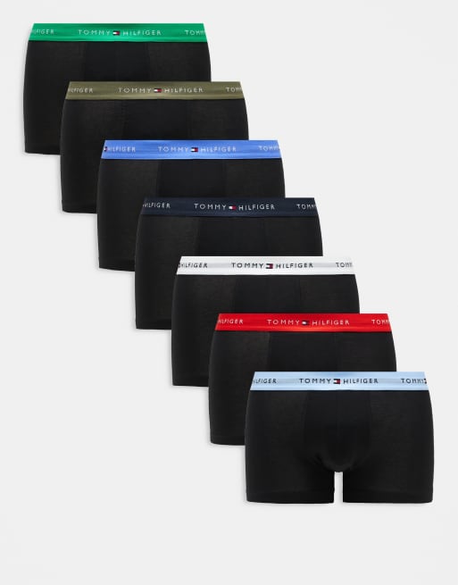 Tommy Hilfiger - Signature Cotton Essentials - Confezione da 7 boxer aderenti neri con fascia in vita multicolore