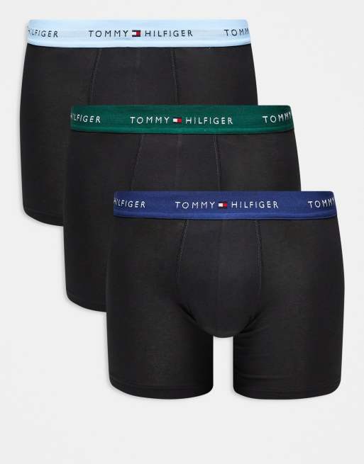 Tommy Hilfiger – Signature Cotton Essentials – Zestaw 3 par czarnych bokserek z zieloną i niebieską taśmą w talii