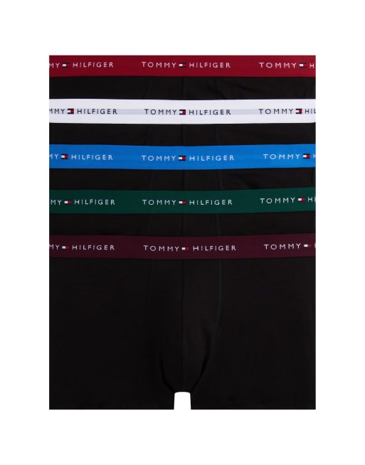 Tommy Hilfiger – Signature Cotton Essentials – Zestaw 5 par czarnych bawełnianych bokserek z białą, zieloną, fioletową, czerwoną i niebieską taśmą w talii