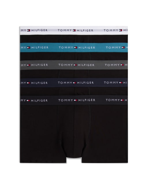 Tommy Hilfiger – Signature Cotton Essentials – Zestaw 5 par czarnych bawełnianych bokserek z szarą, białą i niebieską taśmą w talii
