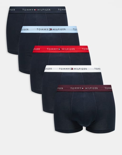 Tommy Hilfiger – Signature Cotton Essentials – Zestaw 5 par granatowych bokserek z taśmą w talii w kolorach czerwonym, białym i niebieskim
