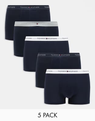 Tommy Hilfiger Signature Essential 5 pack trunk with coloured waistband in navy