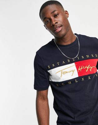 Tommy Hilfiger signature flag logo sky T-shirt ASOS navy in desert | fit relaxed