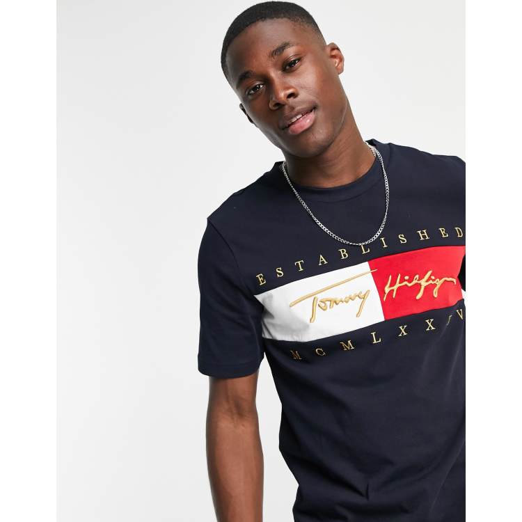 Tommy Hilfiger signature flag logo relaxed fit T-shirt in desert sky navy |  ASOS | T-Shirts