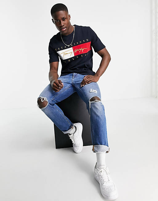 Tommy Hilfiger signature flag logo relaxed fit T-shirt in desert sky navy |  ASOS
