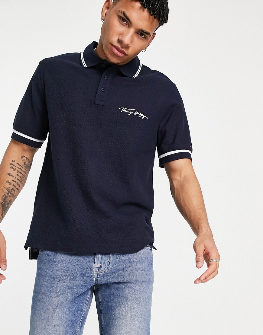 Tommy Hilfiger signature logo casual fit tipped polo in desert sky navy