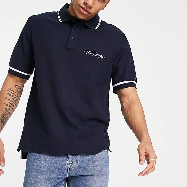 Tommy Hilfiger signature logo casual fit tipped polo in desert sky navy |  ASOS