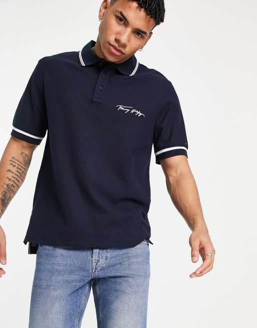 Tommy Hilfiger signature logo casual fit tipped polo in desert sky navy |  ASOS