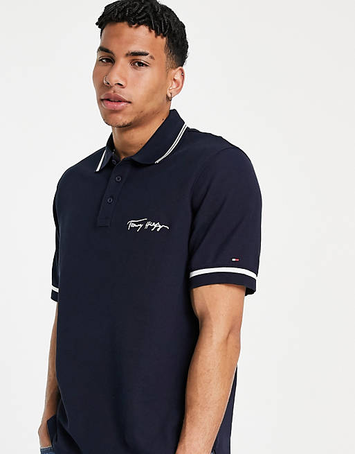 Tommy Hilfiger signature logo casual fit tipped polo in desert sky navy |  ASOS