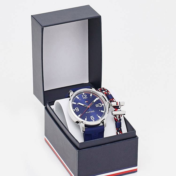 Tommy Hilfiger – Silikon-Herrenuhr und geflochtenes Armband in Marineblau  im Geschenk-Set | ASOS