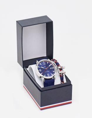 Tommy Hilfiger – Silikon-Herrenuhr und geflochtenes Armband in Marineblau im Geschenk-Set