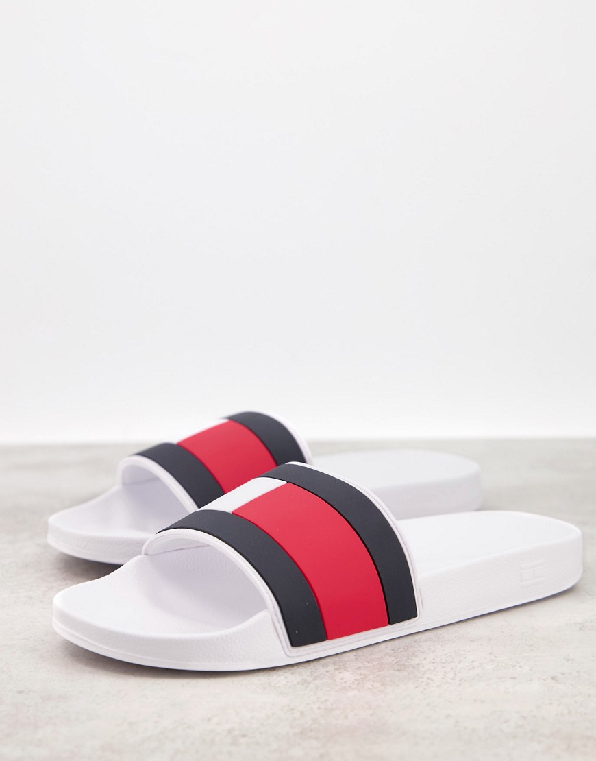 Tommy Hilfiger sliders with flag logo in white