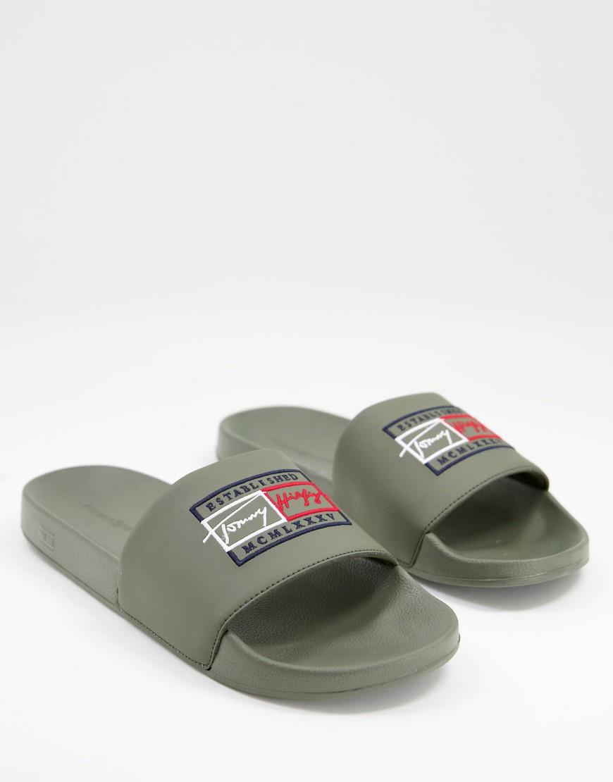 Tommy Hilfiger sliders with script logo in olive green