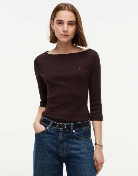 Tommy Hilfiger Slim boat neck three-quarter sleeve t-shirt in chocolate - view 1