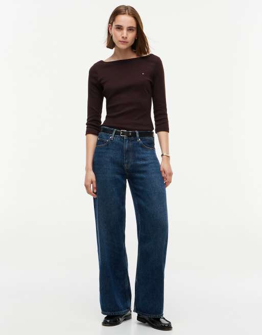 Tommy Hilfiger Slim boat neck three-quarter sleeve t-shirt in chocolate, 2 of 5