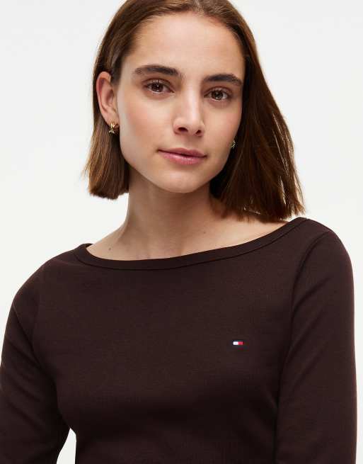Tommy Hilfiger Slim boat neck three-quarter sleeve t-shirt in chocolate, 3 of 5